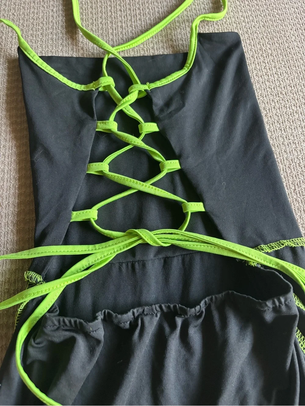🖤💚 Black Mini Dress with Neon Green Straps and Trim - Picture 3 of 4